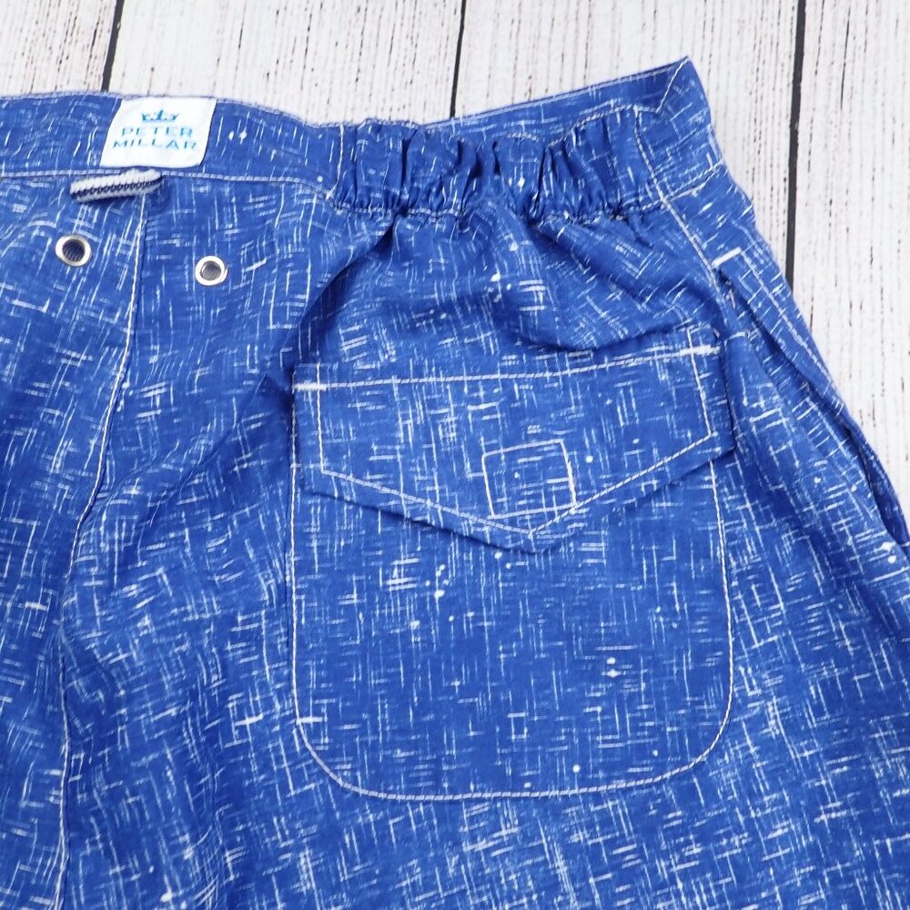 Peter Millar Blue Abstract Print Men's M Mesh Lined Swim Trunks Pockets - Picture 5 of 10